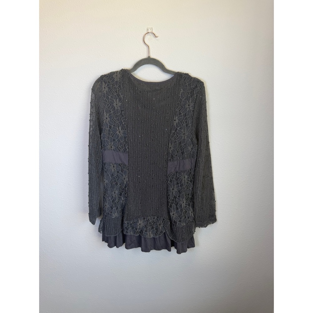 Indigo Soul Gray Lace Tunic Blouse Womens Medium Sheer Sleeve Boho Peasant - Picture 7 of 7